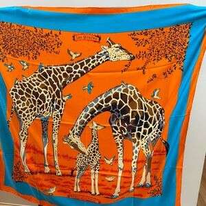 Vibrant Orange Silk Scarf with Animal Print